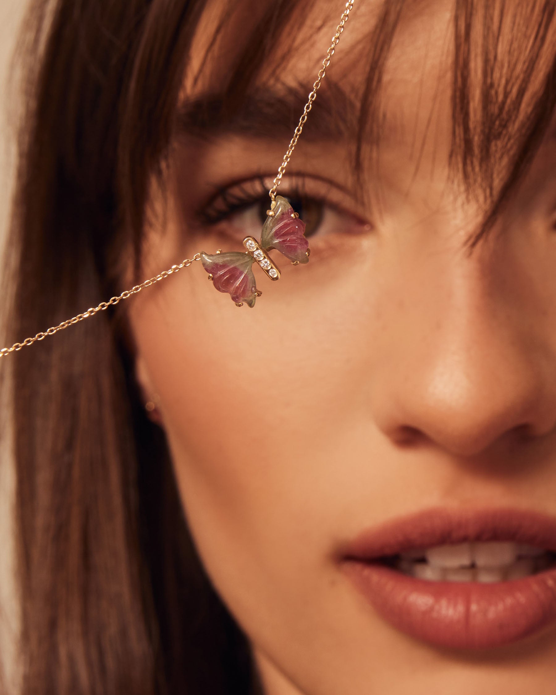 Forever Butterfly Necklace : 18k Solid Gold : Diamonds : Multicolor Tourmalines : Multicolor Tourmalines